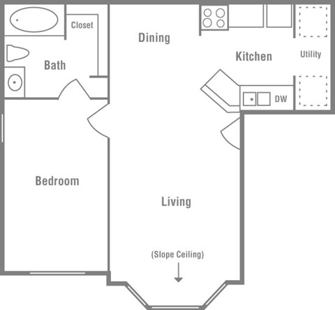 Floor plan for 1 bed, 1 bath, 570 sqft